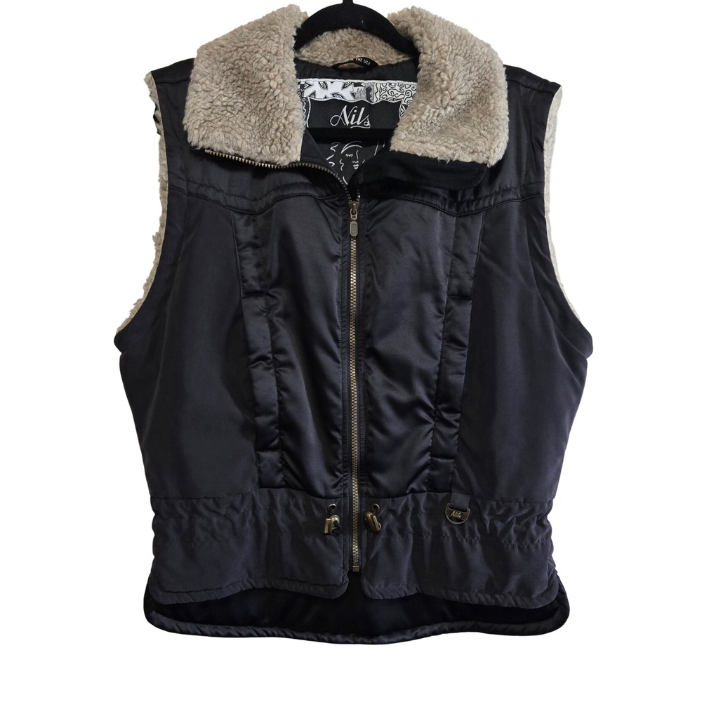 Nils Skiwear Women Sz 8 Cozy Chic Black Insulated Vest Faux Shearling Collar